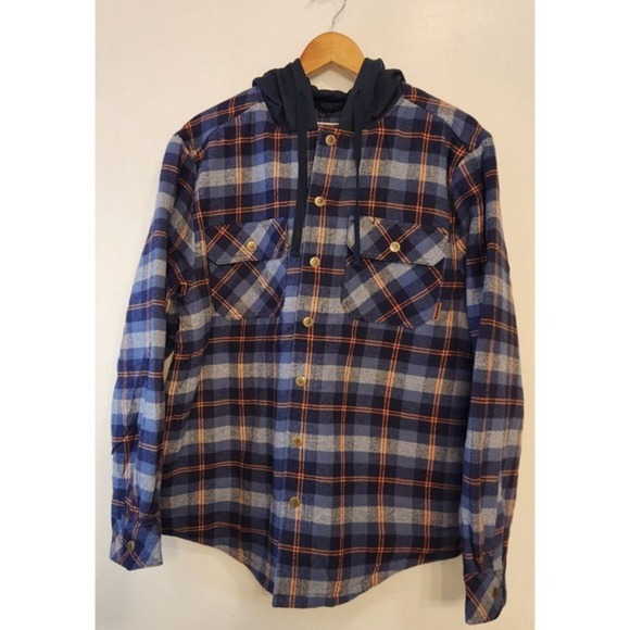 Legendary Outfitters Mens Shirt‎ Jacket Blue Multicolor Plaid Hood Pockets, Sz M - Picture 3 of 4